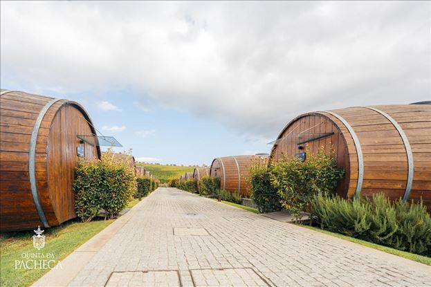Luxury wine barrel hotel suites nestled among vineyards at Quinta da Pacheca in Portugal's Douro Valley